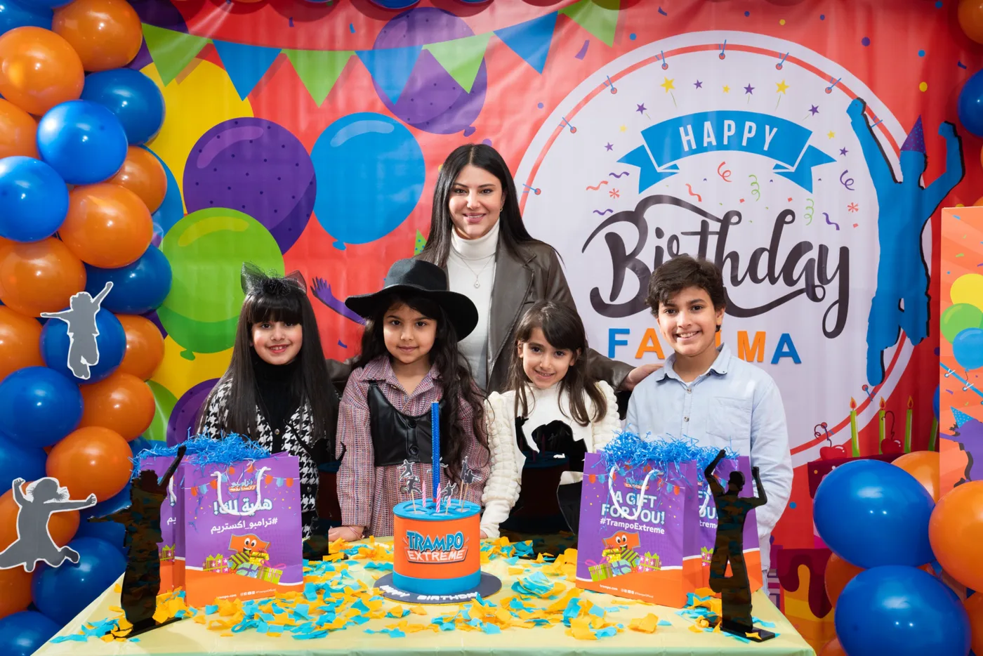 Birthday group photo at the Trampo Kuwait party room